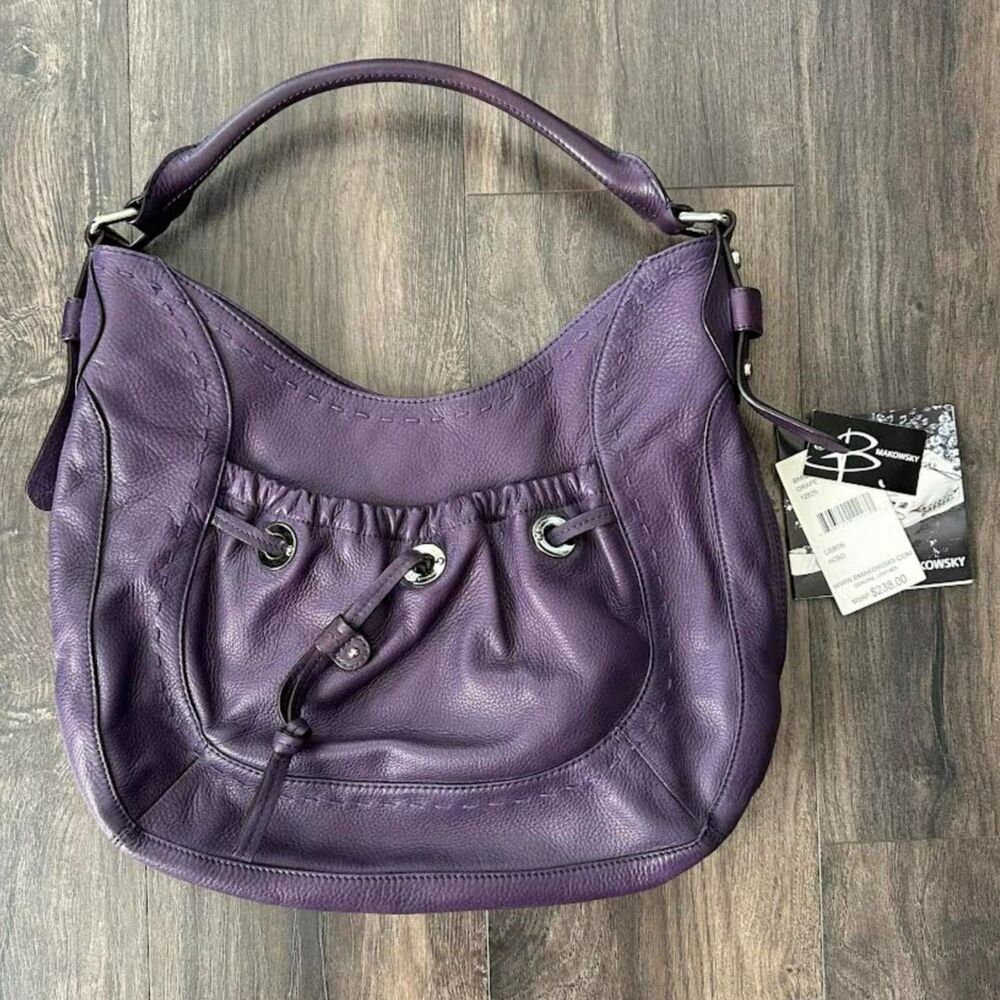 NWT B. Makowsky Purse Genuine Leather Eggplant Purple Pebbled Hobo Shoulder Bag